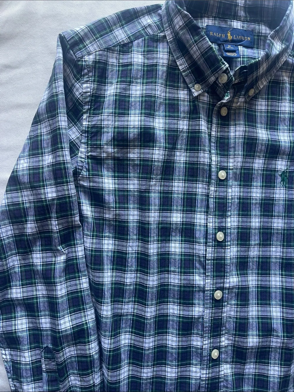 Ralph Lauren Boys Size 10-12 Navy, Green & White Plaid Button-Down Shirt